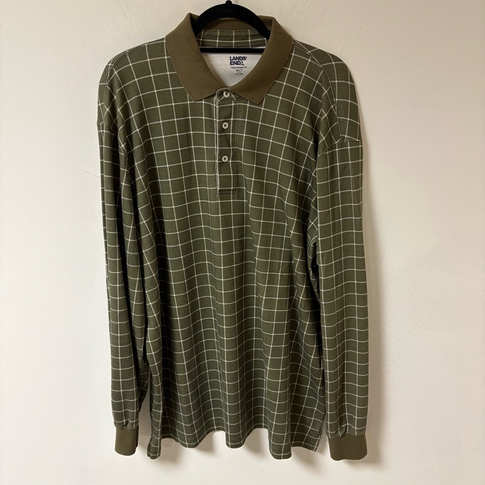 Lands' End Men's Olive Green Checkered Shirt 2XL/T